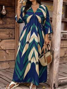 SHEIN CURVE+ Plus Size Women's Vacation Green Plant Print 3/4 Sleeve Dress - Multicolor - View 11