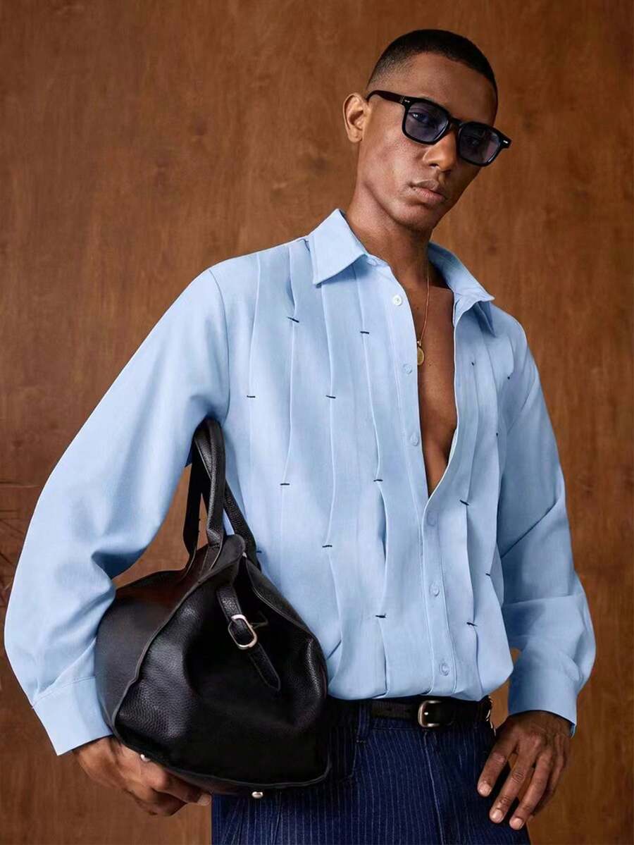 AKNOTIC Men's Casual Single-Breasted Pleated Long Sleeve Shirt, Suitable For Commuting