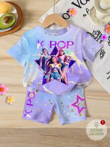 Girls' Ombre Purple K-POP Girl Group Outfit, Summer Lightweight, Star Print Short Sleeve Top + Tight Shorts - Multicolor - View 2