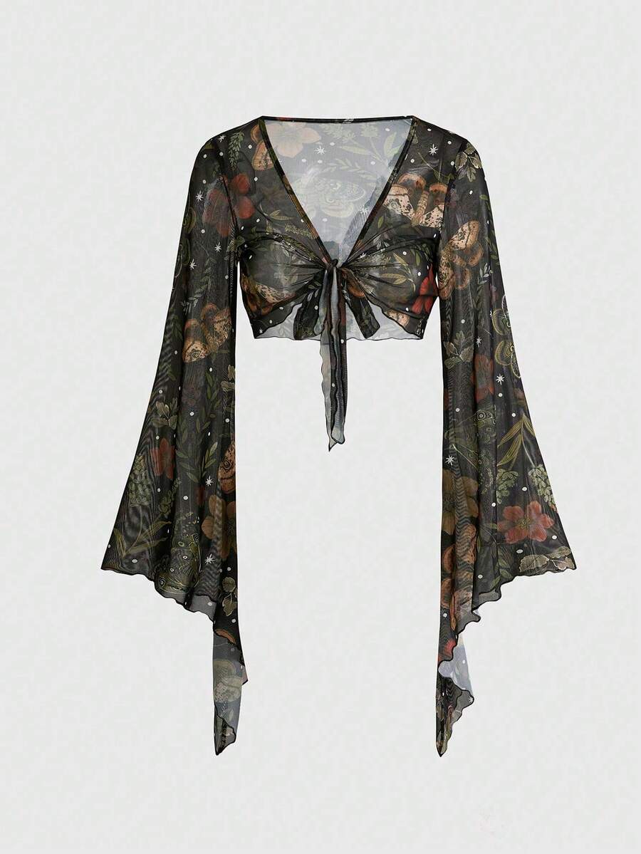 ROMWE Fairycore Women's Retro Hippie Vacation Style Flare Sleeve Cardigan With Paisley Print - Multicolor - View 1