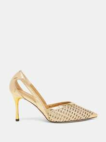 Glitzique 女士尖头魅力时尚网纱透气性感派对婚礼百搭水钻高跟鞋，细高跟鞋 - 金色 - 查看 7