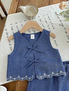 LMoss Kids LMoss 2pcs Young Girl Woven Solid Color Casual Vest And Shorts Set - Blue - View 3