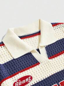 ROMWE MEN Men's Numeric Embroidery Striped Short Sleeve Knit Top - Multicolor - View 2