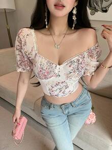 DAZY 拼接碎花短款修身花瓣袖优雅夏季女式衬衫，波西米亚风可爱上衣，Y2K风格外出上衣 - 粉色 - 查看 4