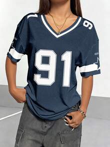 Maweii Women Plus Size V-Neck Mesh Blue No. 91 Pullover - Multicolor - View 3