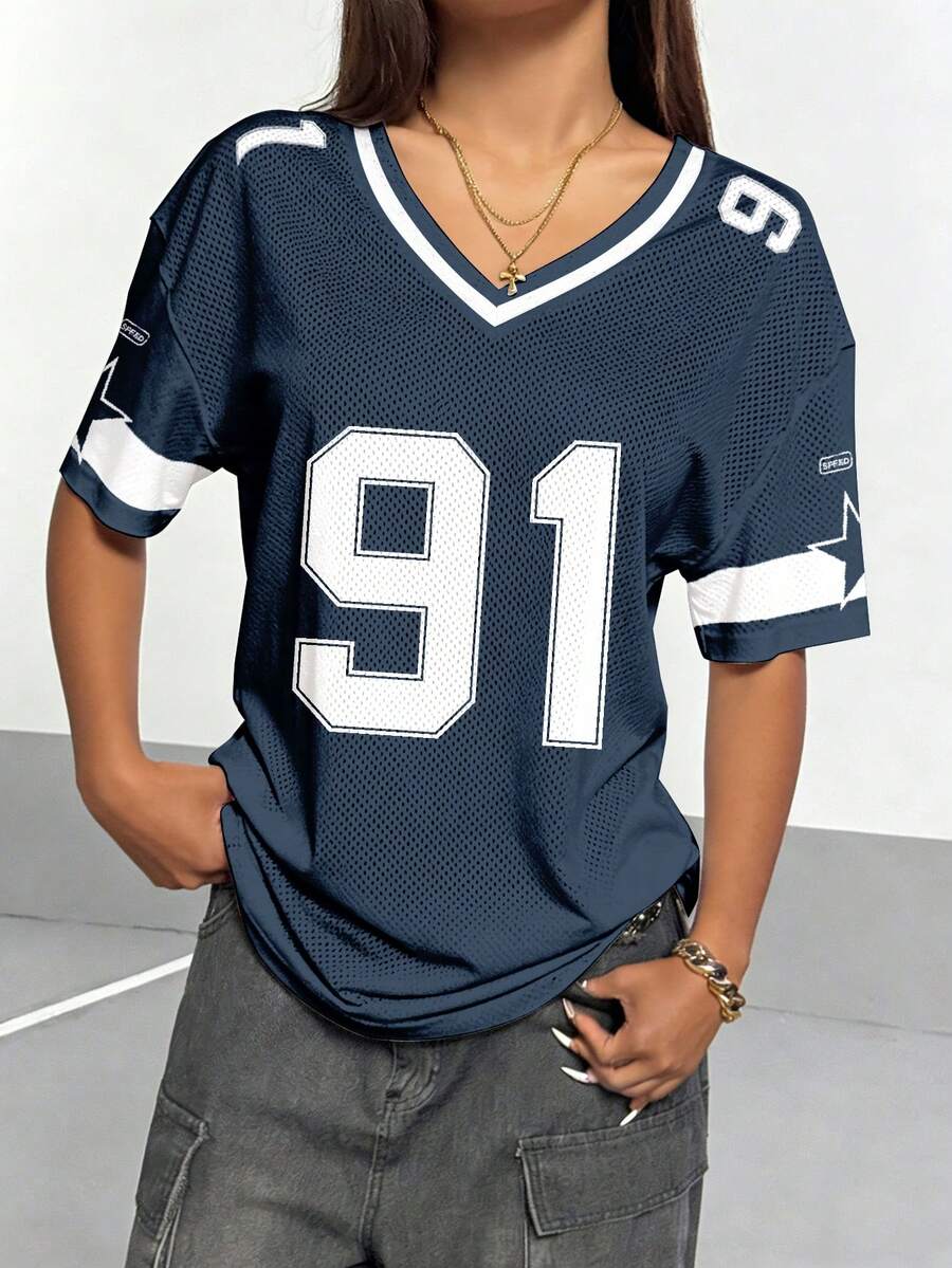 Maweii Women Plus Size V-Neck Mesh Blue No. 91 Pullover - Multicolor - View 1