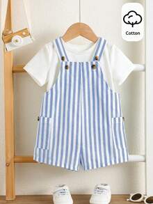 SHEIN Newborn Baby Boy/Girl Cute Striped Romper, Versatile For Spring/Summer Indoor, Outdoor, Daily, Sports, Play, Party, Photo Shoot, Holiday - Blue - View 9