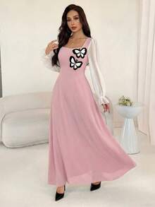 Modelyn 女士春夏长袖雪纺蝴蝶贴花腰部A字优雅连衣裙 - 粉色 - 查看 4