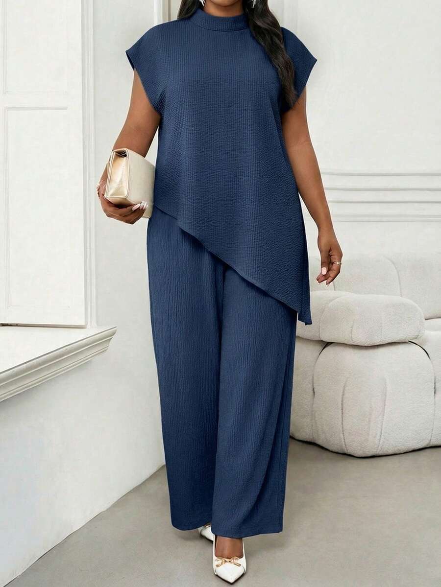 SHEIN Lady 大码女式夏季休闲纯色不对称下摆上衣 - 藏蓝色 - 查看 1