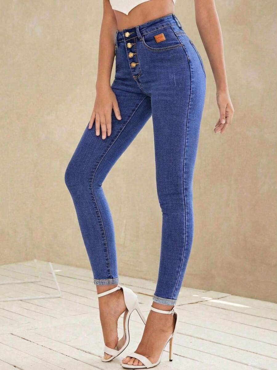 SHEIN Essnce 中腰修身休闲日常牛仔裤 - 中等水洗藍 - 查看 1