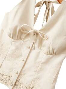 Franclia 女士优雅甜美法式红色露背系带蕾丝边下摆上衣，春夏款 - 杏色 - 查看 3