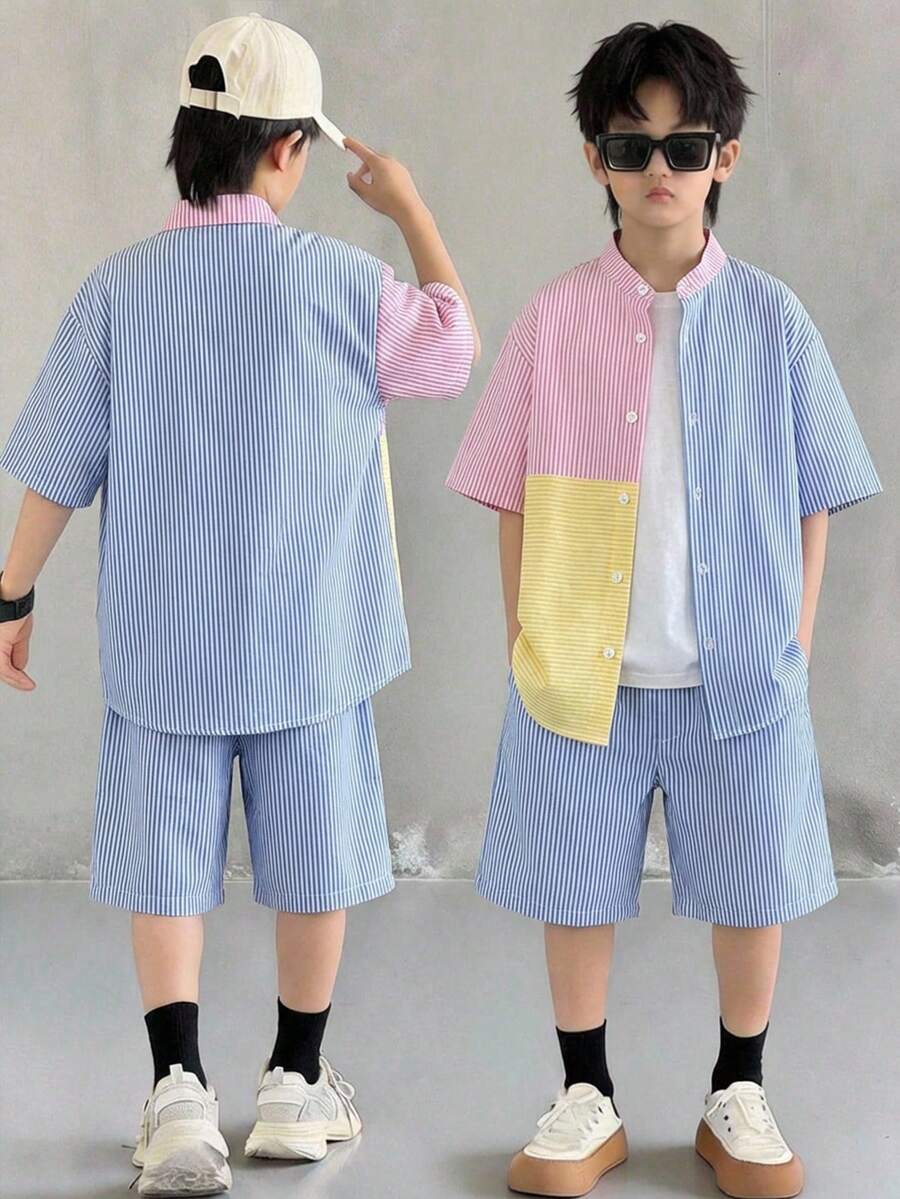 Set di polo a maniche corte e pantaloncini con motivo a blocchi di colore, adatto per ragazzi pre-adolescenti, per la scuola, le vacanze, gli spostamenti, l'uso quotidiano casual, lo sport, primavera/estate - Multicolore - Visualizzare 1