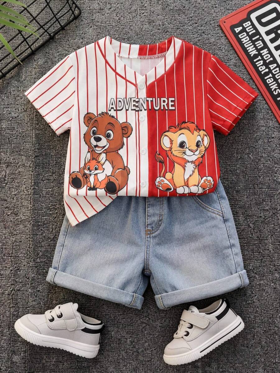 SHEIN 男/女婴夏季休闲运动字母卡通狮子图案短袖上衣 - 彩色 - 查看 1