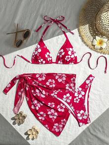 Swim Basics Floral Print Halter Neck Bikini Set With Tie Front Skirt For Summer Beach Vacation - Multicolor - View 5