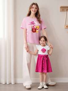 BABY SHARK X SHEIN 小女孩卡通鲨鱼印花短袖可爱连衣裙 - 粉色 - 查看 6