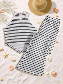 Tween Girls Vacation Beach School Black And White Jacquard Contrast Color Halter Neck Top Flare Pants Set Summer Y2k - Black and White - View 2