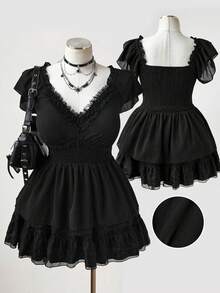 Sunspun 大码 Y2K 暗黑哥特风黑色荷叶边 V 领蕾丝腰部雪纺上衣，哥特/暗黑学院风/Y2K/法式复古 V 领，荷叶边袖，蕾丝饰边，腰部设计，雪纺面料，A 字廓形，适合派对/约会/街头/夜店/休闲场合 - 黑色 - 查看 1