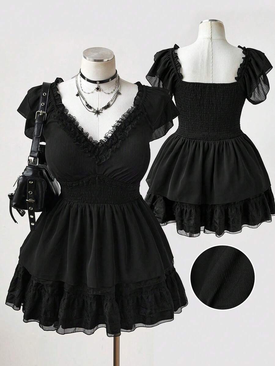 Sunspun 大码 Y2K 暗黑哥特风黑色荷叶边 V 领蕾丝腰部雪纺上衣，哥特/暗黑学院风/Y2K/法式复古 V 领，荷叶边袖，蕾丝饰边，腰部设计，雪纺面料，A 字廓形，适合派对/约会/街头/夜店/休闲场合 - 黑色 - 查看 1