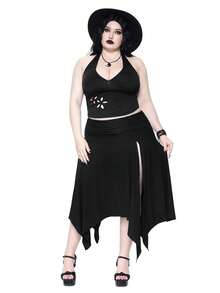 ROMWE Goth 大码女式深V领花卉镂空露背吊带背心，百搭 - 黑色 - 查看 7