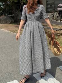 Women's Plaid Print Casual Short Sleeve Dress - Black and White - View 6