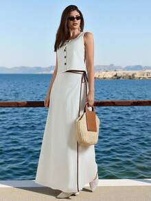 Briarwyn 新款无袖开衫背心和撞色系带腰裙套装，女士纯棉两件套，女士长裙两件套，长裙套装，裙装上衣套装，女士裙装上衣套装，女士夏季服装，女士春季服装，夏季度假服装，情人节，圣帕特里克节，女士海滩度假服装，女士外出服装，女士裙装上衣套装，女士场合连衣裙，新款连衣裙设计，婚礼礼服，招待会礼服，女士夏季套装，女士服装套装，女士度假服装套装，女士休闲连衣裙，毕业礼服，毕业典礼 - 白色 - 查看 1