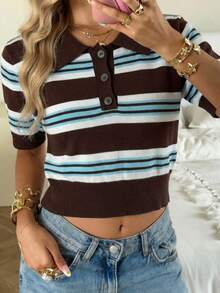 SHEIN EZwear Blusa casual de punto con cuello polo y mangas cortas a rayas para mujer - Marrón - Ver 4