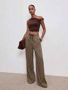 ATUI Studio 春季新款棉质条纹阔腿裤，宽松垂坠感直筒裤型，休闲通勤及度假百搭裤装 - 卡其色 - 查看 1