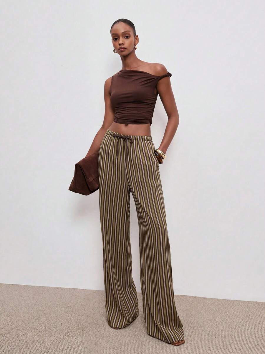 ATUI Studio 春季新款棉质条纹阔腿裤，宽松垂坠感直筒裤型，休闲通勤及度假百搭裤装 - 卡其色 - 查看 1