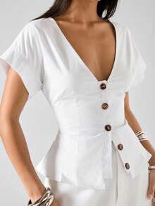 LYSMO 2026新款极简主义深V领纽扣衬衫，修身腰部设计，休闲正式两相宜，优雅夏季上衣，白色 - 白色 - 查看 3