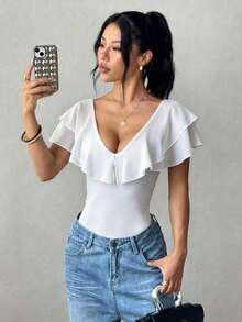 SHEIN Raffinéa Fashionable & Elegant Women's Casual Solid Color Chiffon Ruffle Trim Bodysuit, White Ruffle Trim Top For Summer - White - View 6