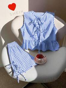 Comfortcana Conjunto de 2 piezas de camiseta de tirantes y pantalones cortos a cuadros azules para mujer, para el Día de San Valentín - Azul - Ver 6