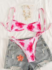 Swim Mod 2pcs/Set Summer Beach Random Print Women Spaghetti Strap Backless Crop Top And Sexy Bikini Swimwear Set, Pink Floral Print Bikini Set, 2 Piece Bathing Suit For Women,Women's Vacation Beach Swimsuit - Multicolor - View 3