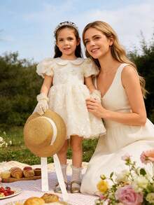 SHEIN Glamorique Kids 女童碎花腰部蓬蓬薄纱连衣裙，优雅派对礼服，泡泡袖设计，适合所有季节 - 杏色 - 查看 5