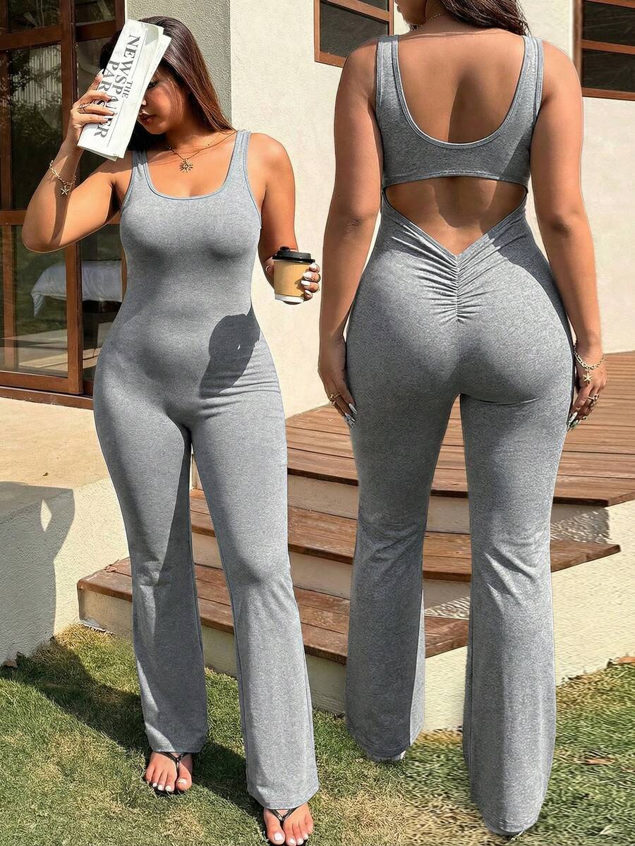 SHEIN EZwear Große Größen Grau Cut Out Weiter Bein Lässig Jumpsuit, Frühling/Sommer, Hohe Dehnbarkeit, Vielseitiger Slim Fit Jumpsuit, Skinny Jumpsuit - Grau - Übersicht 1