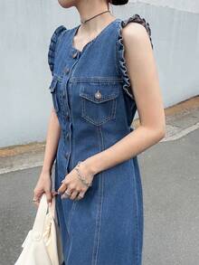 FRIFUL Đầm denim nữ dáng suông, cài cúc đơn, tay loe, thích hợp mặc đi biển. - Màu xanh lam - Xem 7