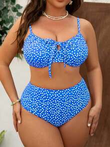 Swim Mod Plus Size Women's Sweet & Cute Minimalist Beach Vacation Casual Random Ditsy Floral Ruffled Underwire Adjustable Strap 2-Piece Swimwear Set - Blue - View 1
