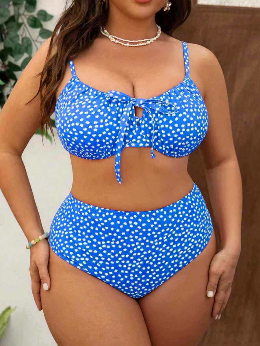 Swim Mod Plus Size Women's Sweet & Cute Minimalist Beach Vacation Casual Random Ditsy Floral Ruffled Underwire Adjustable Strap 2-Piece Swimwear Set - Blue - View 1