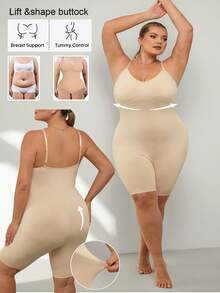 SHEIN CURVE+ Bộ áo liền quần định hình dáng người thoải mái, màu mơ, dành cho nữ cỡ lớn, độ co giãn cao, thiết kế ôm sát. - Màu be - Xem 1
