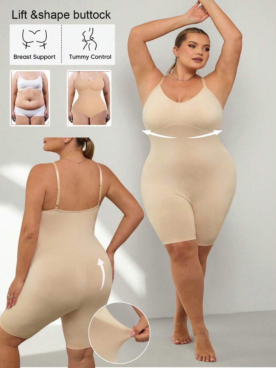 SHEIN CURVE+ Bộ áo liền quần định hình dáng người thoải mái, màu mơ, dành cho nữ cỡ lớn, độ co giãn cao, thiết kế ôm sát. - Màu be - Xem 1
