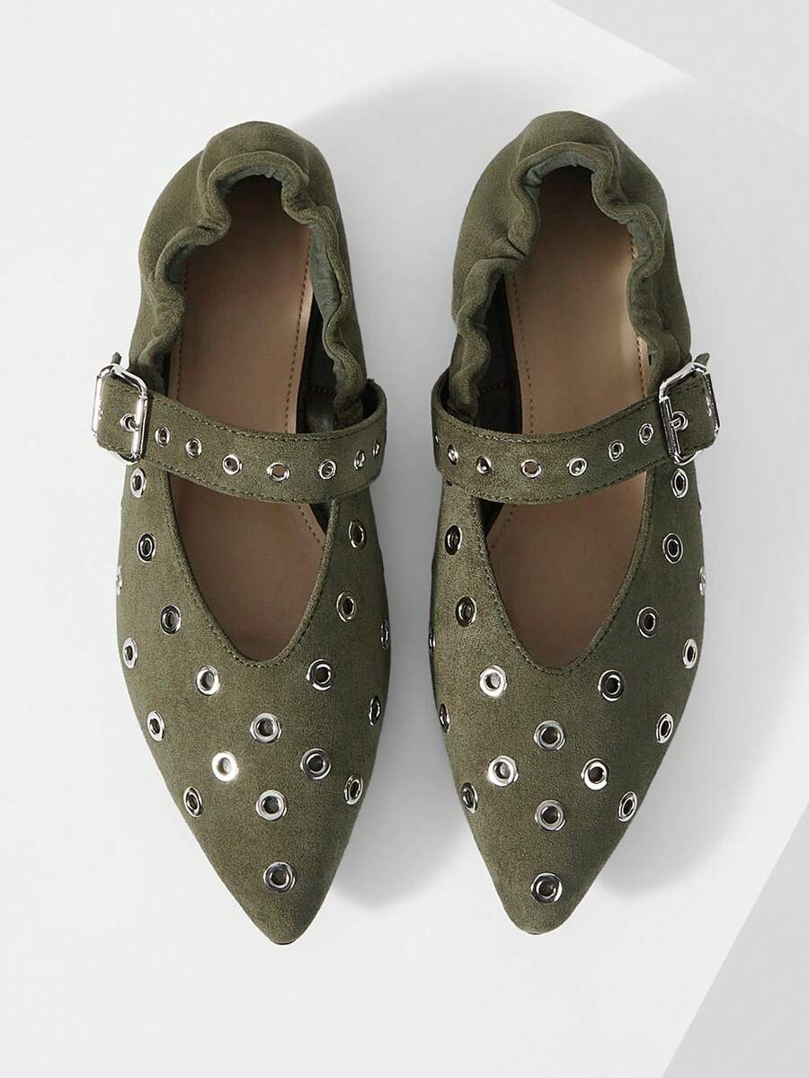 Mnmlis Sepatu Wanita Model Ujung Lancip dengan Desain Gesper, Sepatu Kasual Modis - Hijau Tentara - View 1