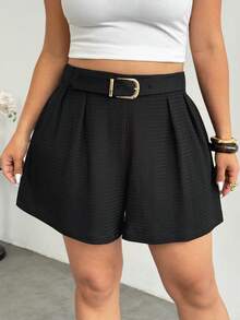 Firerie Plus Size Comfortable Casual Elegant Vacation Versatile All-Match Minimalist Wool Ruched Metal Decor Shorts For Women, Autumn/Winter Black Shorts With Belt Short Outfits For Women Casual Commuter Short For Women - Black - View 5