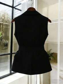 GlowEve 女士无袖马甲，配金属扣腰带，时尚百搭优雅外套 - 黑色 - 查看 2