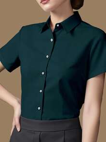 INAWLY 女式休闲纯色短袖百搭衬衫 - 藏蓝色 - 查看 4