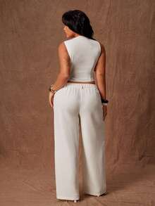 Rustia Conjunto de 2 piezas de talla grande para mujer, estilo vintage primavera/verano, cómodo, con cuello en V francés, romántico, de alta gama: chaleco ceñido + pantalones de pierna ancha con cintura elástica alta, adecuado para salidas diarias, temporada de regreso a clases, fiestas de regreso a clases, atuendo de oficina, conjunto de traje, adecuado para primavera y verano - Albaricoque - Ver 2