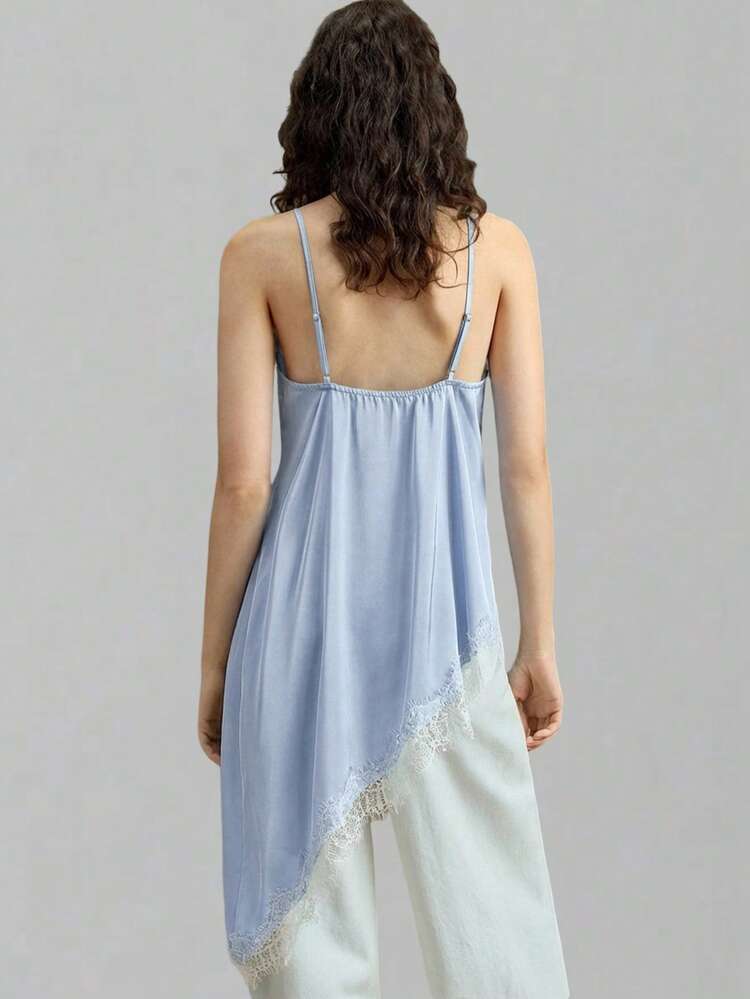 Women's Satin Crepe Fabric Stretchy Soft Spaghetti Strap Long Top, Fitted Silhouette, Lace Trim Accent, Asymmetric Hemline Design, Modern Urban Casual Business Chic Office Wear, Low-Key Elegant Vibe, High-Quality Airport Fashion, Graceful Elegant, Street Style Inspired Flower Blue Top Vacation Outfits Women All Season Modern Urban Casual Fashion Business Casual Women's Office Wear Low-Key Old Money Style Effortless Temperament High-End Urban Commuting High-Quality Airport Women's Wear
