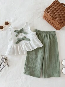 SHEIN 2pcs/Set Baby Girl Summer Casual Cute Sweet Bow Decor Camisole&Elastic Waist Pants Set Clothes Outfits For Girls Spring Toddler - Multicolor - View 3