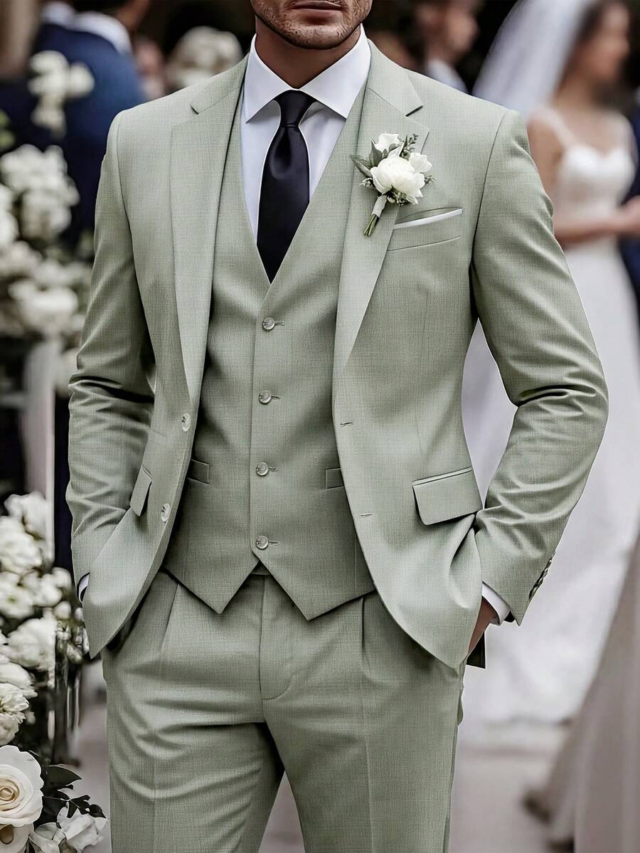 Manfinity Mode Bộ vest nam màu trơn, tay dài, cài cúc phía trước, gồm áo khoác và quần tây. - Màu xanh Bạc hà - Xem 1