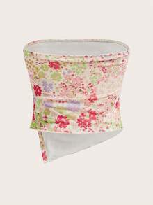 SHEIN PETITE Regata Tubinho Rosa de Tule com Estampa Floral Plissada e Bainha Assimétrica - Multicolorido - Visão 9