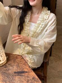 DAZY 女士清新长袖衬衫，春夏款 - 杏色 - 查看 6