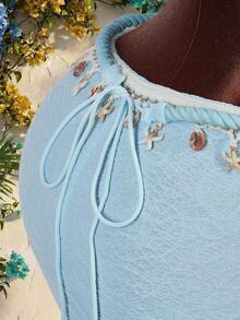 Amplova Rope, Starfish & Shell Pendant Decor Cropped Top & Mini Skirt 2 Pieces Set - Blue - View 4